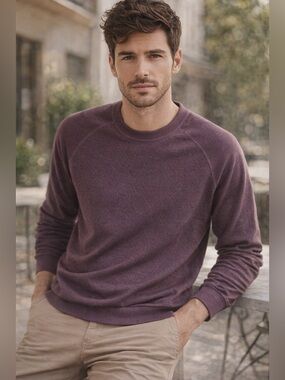 Quince Men's Flowknit Pullover Crewneck Sweater in Plum Athleisure Casual Sporty